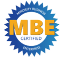 MBE Certified badge with blue and yellow colors on white background