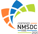 NMSDC Certified logo with blue, orange and green colors on white background