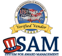 SAM Verified Vendor badge with red, blue and gold colors on white background